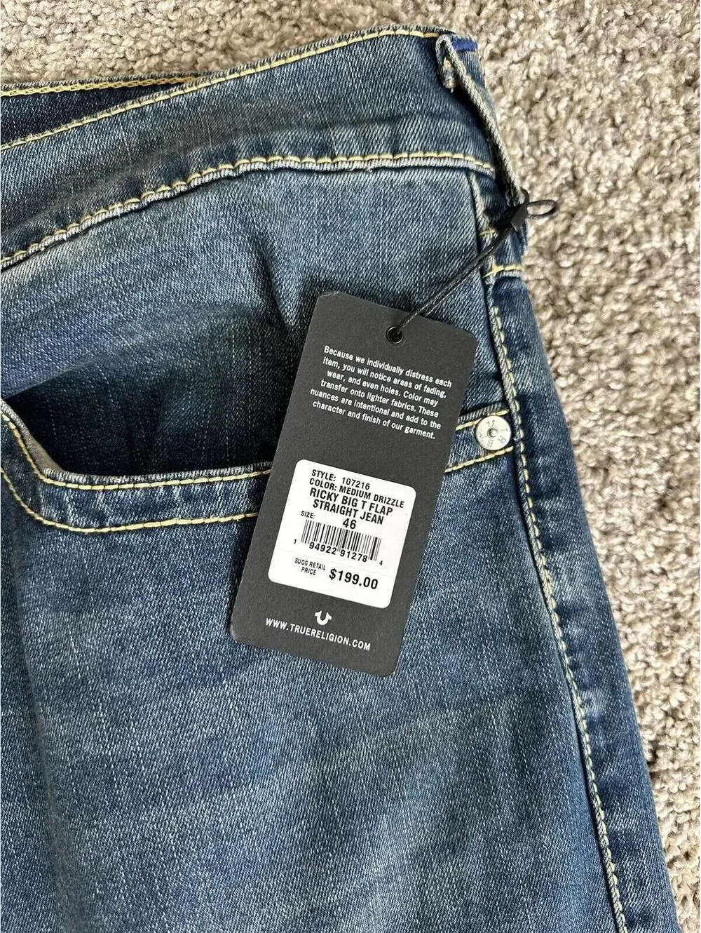 True Religion Ricky Big T Flap Medium Wash Relaxed Straight Jeans Men’s Size 46